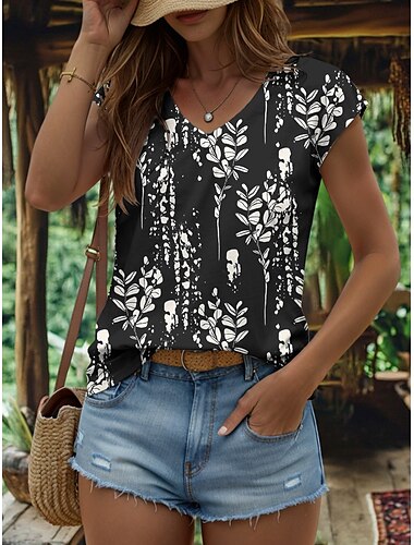  Damen Bluse Grafik Pflanzen Vintage Stilvoll Klassisch Ärmellos Kurzarm V Ausschnitt Normale Oberteile Täglich Druck Schwarz Weiß Sommer Frühling
