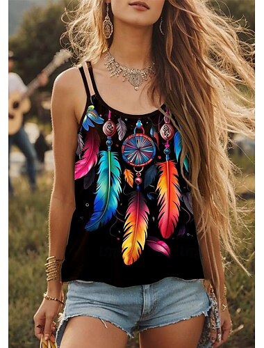  Dam Camisole linne Grafisk Fjäder Vintage Stylish Etnisk Ärmlös Rund hals Vanliga toppar Dagligen Helgdag Utekväll Mönster Svart Brun Kaki Sommar Vår