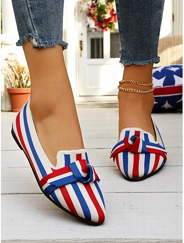  scarpe basse in maglia patriottiche da donna – scarpe basse a punta con fiocco per il giorno dell'indipendenza, picnic estivi e abbigliamento casual