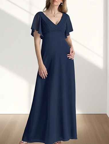  A-Linie Brautmutterkleid Hochzeitsgast Elegant Süß V Ausschnitt Bodenlang Chiffon Kurzarm mit Raffung 2025