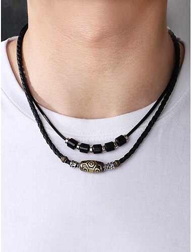  Herren-Halskettenset mit geflochtenem Lederanhänger – Boho-Tribal-Stil mit Legierungs- und Holzperlen für Freizeitkleidung, Festivals und Reisen