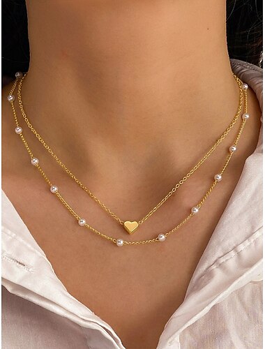  Damen-Set aus Halskette und Armband mit Herzanhänger aus Gold – zierliche mehrlagige Kette mit Perlen, eleganter romantischer Schmuck für Geschenke, Hochzeiten und den Alltag