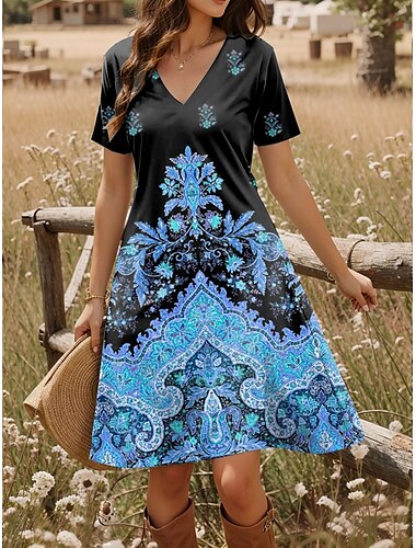  Damen Minikleid T-Shirt Kleid Teekleid Sommerkleid Sommerkleid Urlaub Casual Boho Alltag Ausgehen Regular Fit Grafik Paisley Kurzarm V-Ausschnitt Blau Lila Orange Grün Sommer