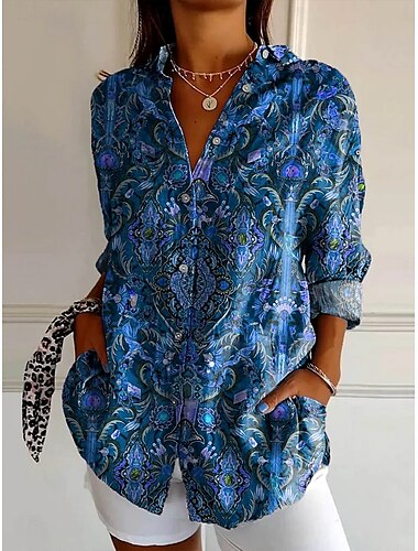  Damen Hemd Blumen Grafik Paisley-Muster Bohemien Vintage Western Langarm Hemdkragen Normale Oberteile Täglich Ferien Urlaubskleidung Knöpfe Druck Kastanienbraun Blau Rosa Sommer Frühling