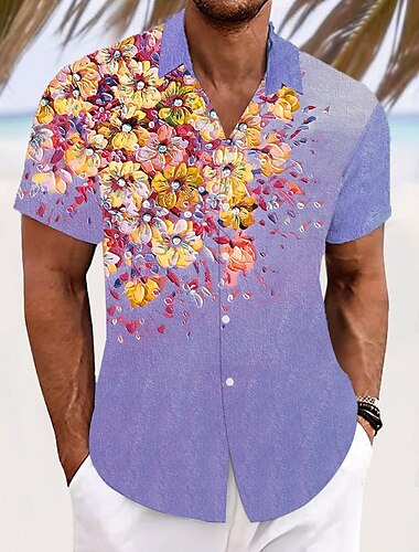  Herren Blumendruck Tropische Blumen Hemd Sommer Hawaiihemd Knopfhemd Kurzarm Hawaiianisch Resort Urlaub Ferien Strandbekleidung Sommer Frühling Umlegekragen 3D-Druck Hemden mit Kragen Gelb Blau