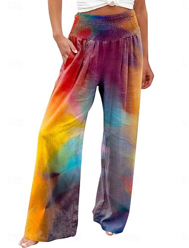  Damen Weites Bein Chinos Urlaub Vintage Mode Volle Länge Hohe Taille Farbverlauf Tasche Elastischer Bund Drucken Bequem Weich Mikroelastisch Outdoor Straße Regenbogen Schwarz Wein Blau Sommer Frühling
