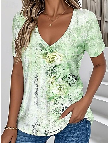  Damen T Shirt Blumen Grafik Vintage Stilvoll Klassisch Kurzarm V Ausschnitt Normale Oberteile Täglich Druck Blau Purpur Grün cremefarben Sommer Frühling