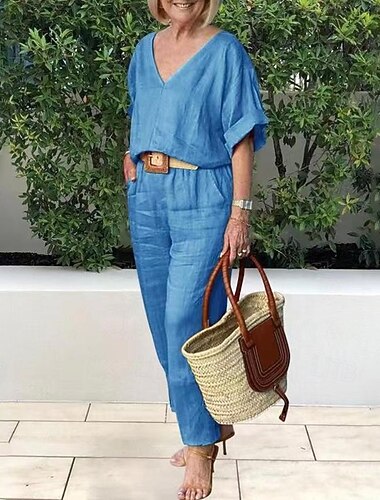  Damen Aktiv Basic Baumwoll-Leinen-Hemden Bluse Hosen-Sets Kurzarm V Ausschnitt Einfarbig Urlaub Alltagstauglich Gelb Armeegrün Dunkelmarine Sommer Normale Passform