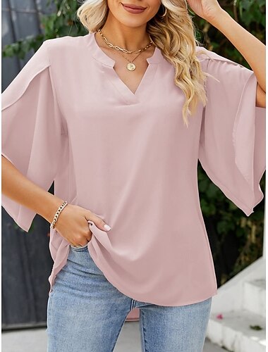  Femmes Chemise Couleur Unie Élégant Occasionnel Manche 3/4 Col en V Hauts Réguliers Quotidien Blanche Rose Claire Bleu Gris Été