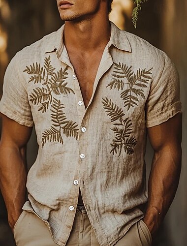  Herren Leinenhemd Wikinger-Stil Sommerhemd Strandbekleidung Knopfhemd Blumen Urlaub Straße Khaki Kurzarm Umlegekragen Sommer Frühling Bekleidung