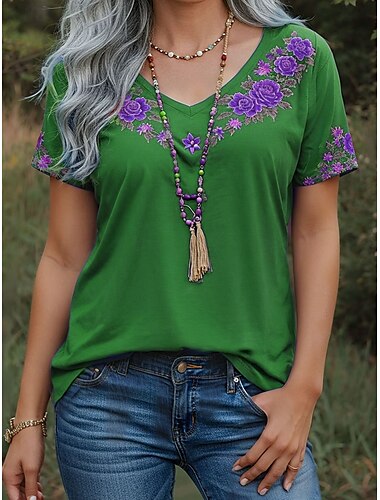  Damen T Shirt Blumen Grafik Vintage Stilvoll Modern Kurzarm V Ausschnitt Normale Oberteile Täglich Druck Blau Purpur Grün Sommer