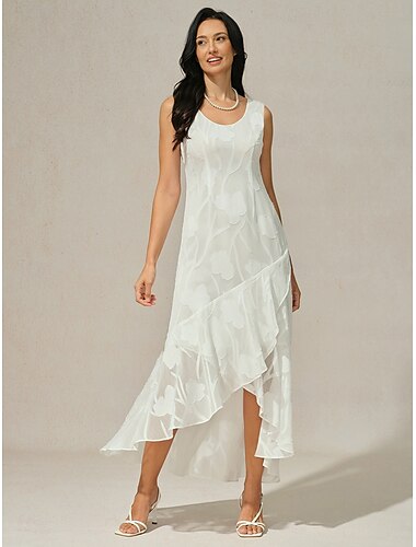  Damen Maxikleid Rüschenkleid Elegant Hochzeit Hochzeitsgast Abendgesellschaft Normale Passform Blumen Ärmellos U-Ausschnitt Weiß Sommer Frühling