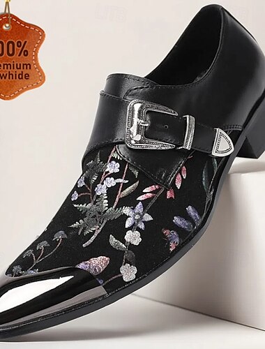  Schwarze Monkstrap-Schuhe aus Leder für Herren mit floraler Stickerei – stilvolle Abendschuhe für Gala-Dinner und Partys