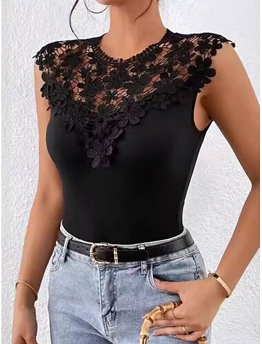  Damen Camisole-Tanktop Einfarbig Elegant Täglich Stilvoll Ärmellos Rundhalsausschnitt Normale Oberteile Täglich Ausgehöhlt Schwarz Sommer Frühling