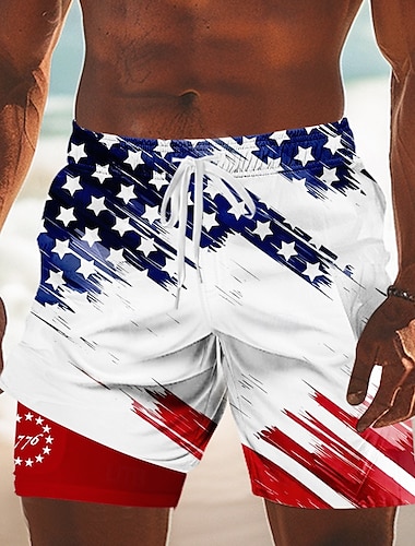 Självständighetsdagen Herr USA: s flagga Patriotisk Fjärde juli Fodrade shorts 2 i 1 simshorts Badshorts Medium Midja Helgdag Sidfickor Med kompressionsfoder Elastisk dragsko i midjan Designer Kläder