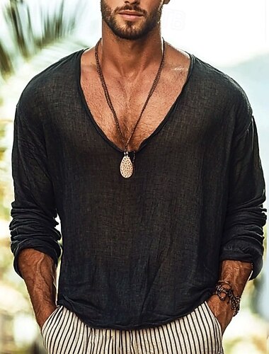  Hombre Camiseta tipo lino Manga Larga Cuello Barco Verano Invierno Primavera & Otoño Color sólido Prendas de punto Diario Cuello redondo Puro Exterior Casual Ropa Deportiva Negro Camiseta superior