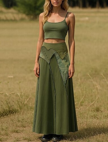  Dames Rok A-lijn Schommel Casual Boho Maxi Hoge taille Rokken Effen Lapwerk Vakantie Feestdagen Bruin Groen Zomer Polyester