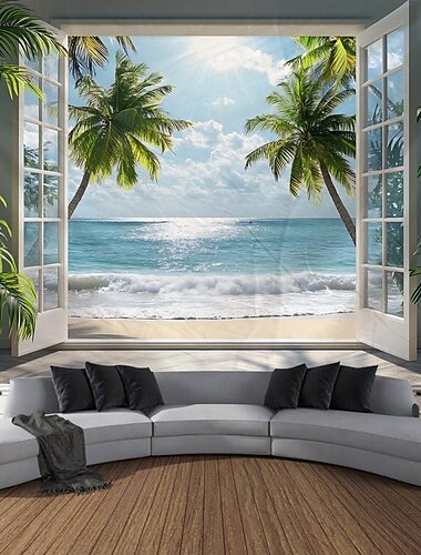  Fenstervorhänge Ozeanwellen Kokospalmen Landschaft Wandteppiche Dekorative Kunst Decken Vorhänge hängende Dekoration für Zuhause Schlafzimmer Wohnzimmer