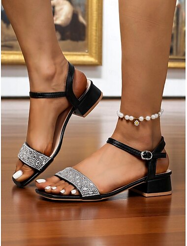  Groene sandalen met lage blokhak en strasssteentjes voor dames - elegante open enkelbandschoenen voor dagelijkse dates en zomeruitjes