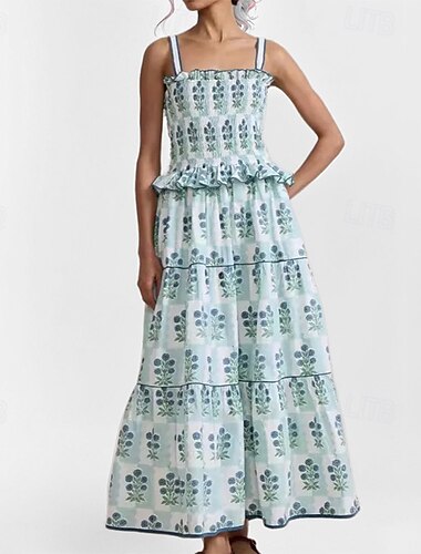  Dames Halflange jurk Bloemetjesjurk Boho-jurk Jurk met print Modieus Modern Buiten Vakantie Feestdagen Normale pasvorm Bloem Mouwloos Spaghettibandjes Wit Blozend Roze blauw Zomer