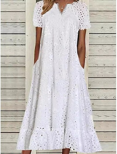  Femmes Robe Midi Robe trapèze Robe d'été Occasionnel Quotidien Coupe régulière Uni Manche Courte Col en V Noir Blanche Fuchsia Été