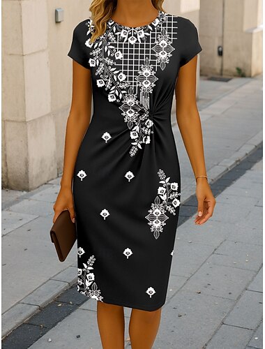  Femmes Robe Midi Robe fourreau Robe moulante Formel Boho Quotidien Coupe régulière Graphique Tribal Manche Courte Col ras du cou Noir Été Printemps