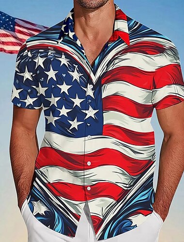  Tag der Unabhängigkeit Herren Herz Amerikanische US-Flagge Patriotisch Hemd Sommerhemd Knopfhemd Kurzarm Modisch lässig Outdoor Urlaub Alltagskleidung Sommer Frühling Umlegekragen 3D-Druck Hemden mit
