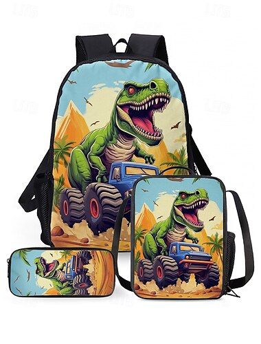  3-teiliges Dinosaurier-Rucksack-Set für Kinder mit Lunchtasche und Federmäppchen, T-Rex-Aufdruck, leichte Schultasche für Jungen, Mädchen und Grundschüler