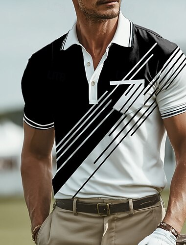  Homme Géométrique Ligne Polo Manche Courte Polos Chemises à Col Vêtement décontracté de travaile Affaires Boutons Avec Poches Impression 3D Été Noir Vert foncé Bleu de minuit