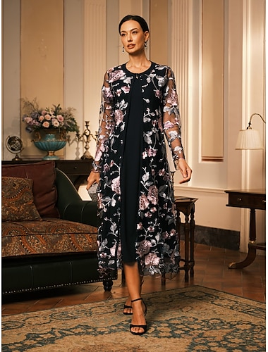  Dames Jas Ademend Kant Geborduurd Elegant Bloemig Formeel Bruiloft Feest Lang Ronde hals Ruim Passend Lange mouw bovenkleding Grijs roze Zwart Bordeaux Zomer Lente