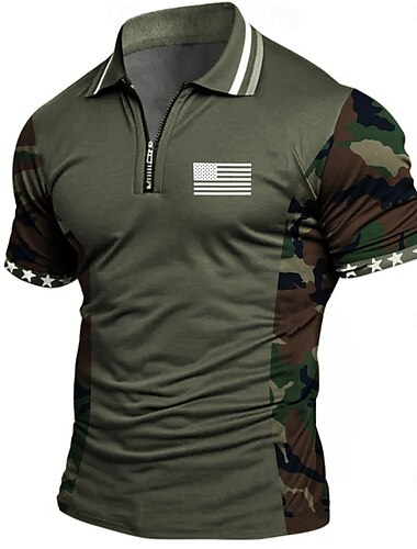  Jour de l'Indépendance Américaine Homme Drapeau Américain Polos à zip Manche Courte Polos Chemises à Col Occasionnel Athleisure Tenue quotidienne Impression 3D Été Bleu Vert Gris