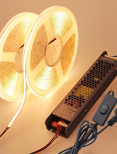  24 V:n COB-LED-nauha, 32,8–65,6 jalkaa (2 rullaa à 32,8 jalkaa), 3000 k jäänsininen, leikattava, 10 W/m, 320 LEDiä/m, CRI, 90 LED-nauhaa, verkkovirtakytkimellä, makuuhuoneen, keittiön, olohuoneen