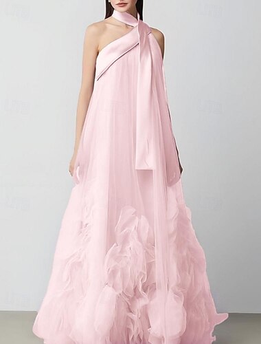  lila A-Linie Abendkleid elegantes Kleid formell halbformell Hochzeitsgast bodenlang ärmellos Neckholder Satin mit Blütenblättern 2025