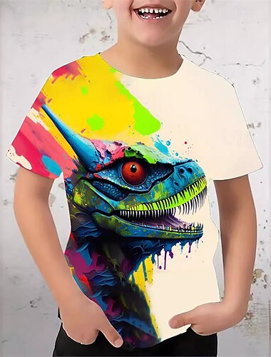  Ragazzi 3D Animale Dinosauro Maglietta Manica Corta Estate Primavera Moda Essenziale Bambini 4-12 Anni Girocollo All'aperto Casuale Quotidiano Vestibilità regolare