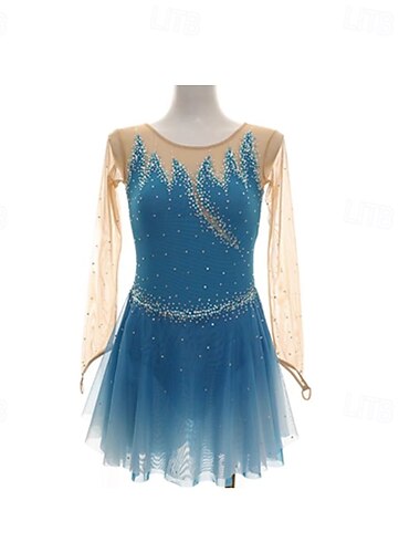  Eiskunstlaufkleid Damen Mädchen Eislaufen Kleid Blau Patchwork Daumenloch Netzstoff Spandex Dehnbar Training Übung Professionell Eiskunstlaufkleidung Thermowarm Kristall / Strass Langarm Eislaufen
