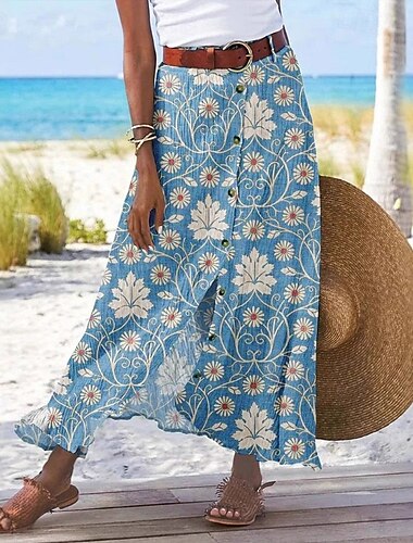  Femmes Jupe Occasionnel Boho Maxi Taille Basse Jupes Fleuri Imprimé Fendu Micro-Élastique Vacances Rue Bleu Été Polyester