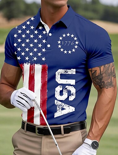 Jour de l'Indépendance Américaine Homme Drapeau Américain Polo Manche Courte Polos Chemises à Col Occasionnel Extérieur Sports Tenue quotidienne Impression 3D Été Bleu