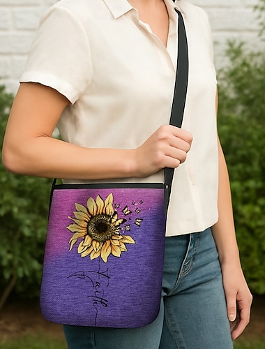  Zonnebloemprint crossbodytas voor dames - grote waterdichte stoffen schoudertas met verstelbare schouderband, geïnspireerd op het "geloof"-ontwerp, geschikt voor vrije tijd, reizen en dagelijks gebruik