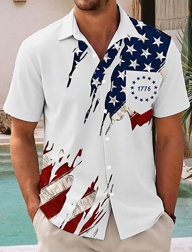  Självständighetsdagen Herr Amerikanska amerikanska flaggan Patriotisk Fjärde juli Skjorta Sommarskjorta Knapp upp skjorta Kortärmad Mode Casual Helgdag Sommar Vår Nedvikt 3D-utskrift krage skjortor