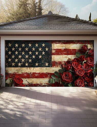  Decoraciones para puertas del 4 de julio cubierta de puerta del garaje banner patriótico americano águila fondo grande para el garaje exterior de vacaciones decoraciones de pared del hogar