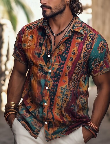 Homme Rétro Indien Bohème Chemise Chemise hawaïenne Chemise Boutonnée Manche Courte Hawaïen Vacances Fête Tenue de plage Été Printemps Col Rabattu Impression 3D chemises à col Marron