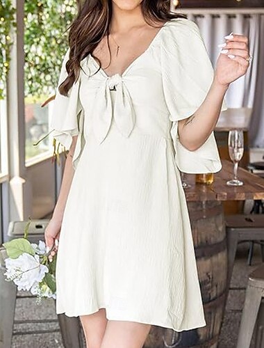  Damen Minikleid Weißes Kleid Freizeitkleid Sommerkleid Elegant Mode Outdoor Party Ferien Normale Passform Einfach Kurzarm Tiefes U Weiß Sommer Frühling