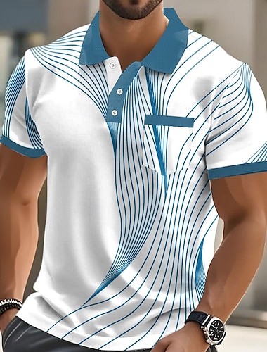  Herr Geometrisk Linje Polo Kortärmad Polotröjor Skjortor med krage Business Casual Utomhus Fritids- Dagliga kläder Knappar 3D-utskrift Sommar Svart Rubinrött Blå