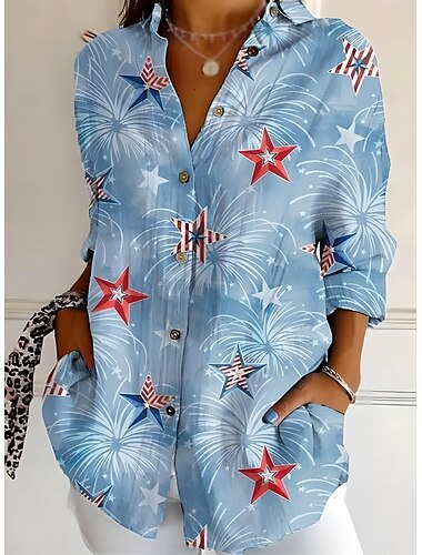  Unabhängigkeitstag Frauen Patriots vierten Juli Hemd Grafik Flagge USA Vintage Täglich Stilvoll Langarm Hemd Kragen Reguläre Tops Arbeit Täglich Druck Denim Blau Schwarz Rot Blau Sommer Frühling