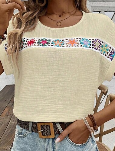  Mujer Camiseta Floral Moderno Casual Manga Corta Cuello Barco Tops regulares Diario Fin de semana Retazos Blanco Verde Trébol Beige Verano
