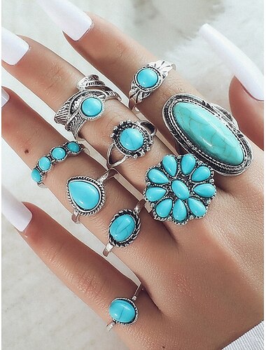  Ensemble de bagues bohèmes turquoise pour femmes – bagues empilables en alliage vintage avec des accents de pierres précieuses pour le style occidental, les festivals ou le port quotidien