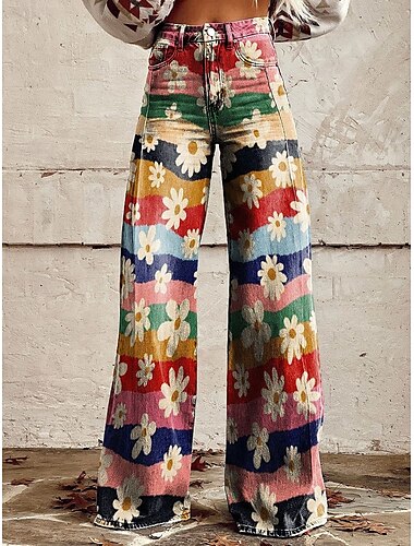  Retro Antiguo Boho Años 70 Pantalones Pantalones de pierna ancha Hippie Disco Alta cintura Floral Estilo de jeans falsos Mujer Víspera de Todos los Santos Carnaval Festival de Música Desfile del