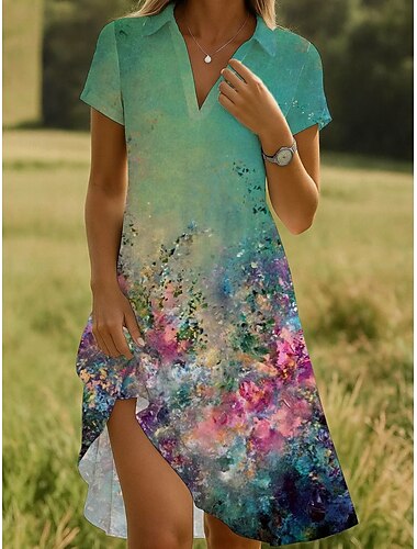  Damen Midikleid Wickelkleid A Linie Kleid Urlaub Lässig Boho Ausgehen Standard Passform Blumen Grafik Kurzarm V Ausschnitt Weiß Grün Khaki Sommer