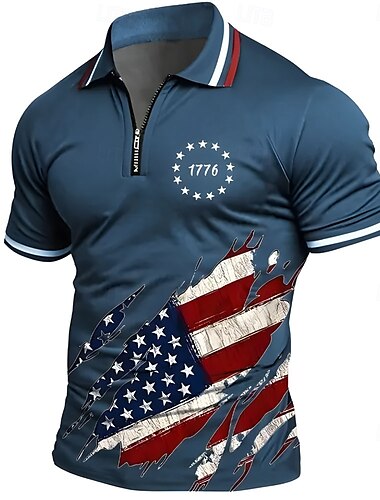  Függetlenség napja Férfi Amerikai zászló Zip Polo Rövid ujjú Térfogatcsökkenés Alkalmi Napi Szabadtéri Sportruházat Fesztivál Cipzár Nyár Robin Tojáskék