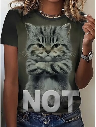  Damen T Shirt Sommeroberteile Grafik Katze Klassisch Lässig Kurzarm Rundhalsausschnitt Crop Tops Täglich Wochenende Druck Schwarz und Grau Hellgrau Sommer Frühling Herbst